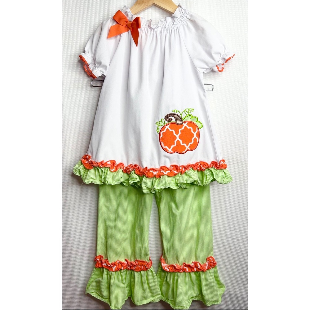 Smocked or Not Girls Pumpkin Applique Gingham Ruffle Tunic and Pants Set Size 5